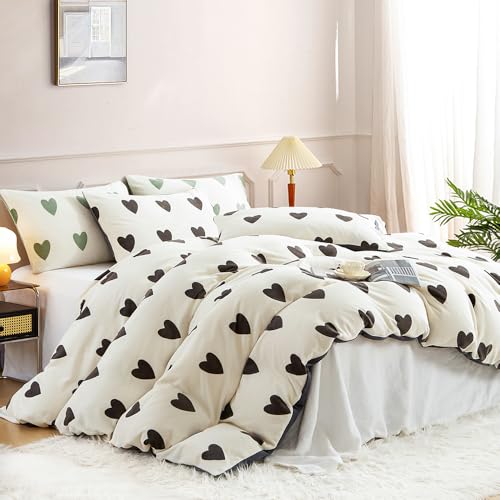Covebett Bettwäsche 135x200 Herzen Schwarz Weiß Flanell Winter Warme Cashmere Touch Biber Winterbettwäsche 2teilig, Flauschig Fleece Bettbezug mit Reißverschluss und 1 Kissenbezug 80x80