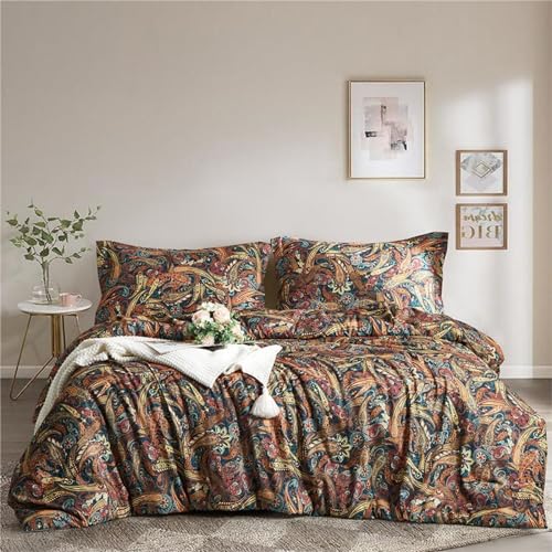 Freyamy Boho Bettwäsche Set 135x200cm 2Teilig Indishes Design Mandala Bohemian Style Bettbezug 100% Mikrofaser Braun Bunt Türkis Wendebettwäsche mit Kissenbezug 80x80cm Reißverschluss