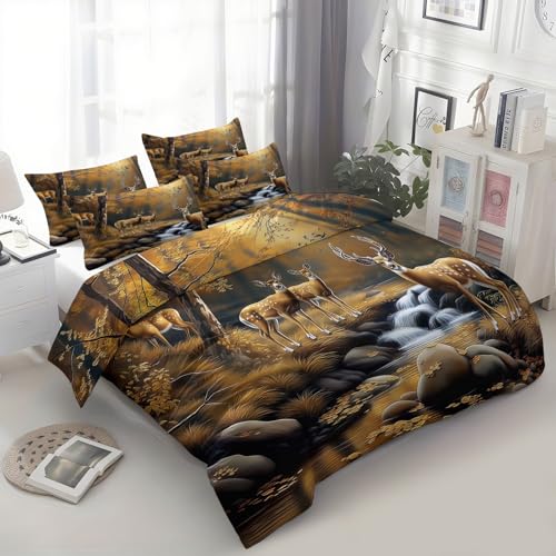 Wald Fluss Hirsch Wildtiermotiv Bettwäsche-Set für Einzelbett, 3-teilig, 1 Bettbezug + 2 Kissenbezüge 80x80 cm, Weiches Microfaser-Set mit Reißverschluss, Kinderbettwäsche für Kinder und Erwachsene