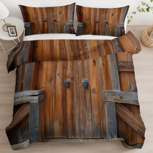Braun Bettbezug 135x200 cm Holztür Im Landhausstil Bettbezug Bettwäsche-Set für Jungen Mädchen Kinder Weiche Polyester-Baumwolle Wende Bettwäsche mit 2 Kissenbezug