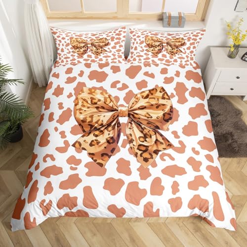 Homewish Prinzessin Bogen Bettwäsche 135x200 Beige Braun Kuhdruck Bettbezug Kawaii Bogenknüpfe Süß Band Bogenknüpfe Bettwäsche Set Bauernhaus Kuhleder Western Bettset 1 Kissenbezug Zimmerdekor
