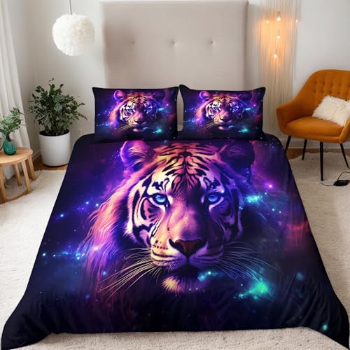 Tiger, Tiere Bettwäsche 135X200Cm Kinder Junge Mädchen 3D Effekt Bettbezug Jugendliche Bettwäsche-Set Mikrofaser Bettbezug Mit Reißverschluss Und 2 Kissenbezug 80X80Cm
