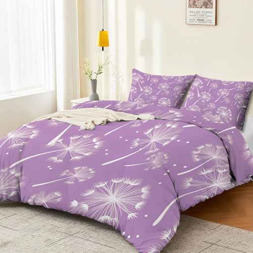 Bettbezug-Set Wendbare Bettwäsche Löwenzahn, einfach und elegant Deckenbezug 135 x 200 cm 2 Kissenbezug 80x80, Deko, Weiche Mikrofaser Bettbezug Set mit Lila Weiß