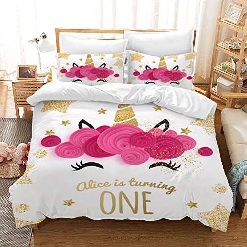 PQCXXA Kinder Einhorn Bettwäsche Mädchen-Bettwäsche Set Rosa 3D Cartoon Einhorn Bunt Blume drucken Bettbezug Set mit Reißverschluss und Kissenbezug 50x75cm (135x200 cm, H)