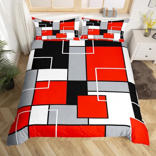 Homewish Grau Schwarz Rot Weiß Quadrat Bettbezug 135x200,Geometrisches Raster Retro Muster Bettwäsche Set,Abstract Tröster Abdeckung,Kariert Bett Set für Kinder Jungen Mädchen,Grau Schwarz Rot