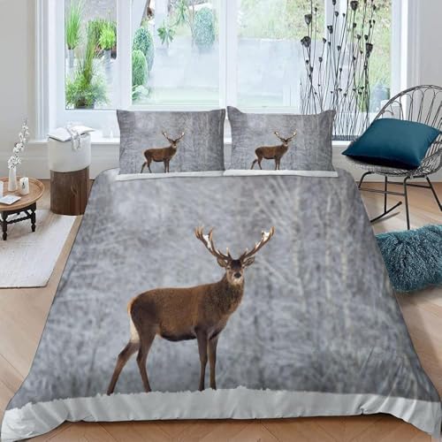 Bettwäsche 140x200 Hirsch Bettwäsche Set 3D Bettbezug Set Weich Microfaser Bettbezüge 3 Teilig Verschneite WäLder 3D-Druck Bettwäsche-Sets für Einzelbett mit 2 Kissenbezug d.1599