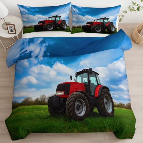 XCQHZYQ Bettwäsche Bauernhaus Traktor Bettbezug, Weich Bequem Blau Wende Bettwäsche-Sets für Teenager Erwachsene, Mikrofaser Bettdeckenbezug mit 2 Kopfkissenbezug 80x80 cm