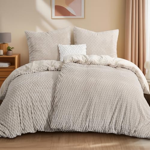 Aisbo Winter Flanell Bettwäsche 135x200 4teilig Beige - Warm Plüsch Winterbettwäsche Flauschige Teddy Fleece Cashmere Touch Bettbezug 2er Set und 2 Kissenbezüge 80x80 cm mit Reißverschluss