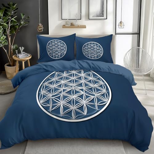 CozyRest Bettwäsche Blau 135 x 200 cm 3D Effekt Wende Bettwäsche Set Blume des Lebens Mikrofaser Luxus Modern Gedruckt Bettbezug Set mit Reißverschluss 80x80 cm