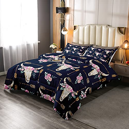 Kuh-Totenkopf-Bettwäsche -Set mit Rosen-Blumenmuster, für Kinder, Jungen, Mädchen, Totenkopf-Tier, dekoratives Pfeil-Bettwäsche-Set, Bettwäsche-Set mit 2 Kissenbezügen, 3-teiliges Bettwäsche-Set