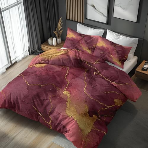 Generisch Marmor Bettwäsche 160x200 Mit Terracotta Bordeaux Weinrot Muster Bettbezug Set Bügelfreie Bettwäsche Mit Reißverschluss, Kissenbezug, Marmor Deko,FT&009