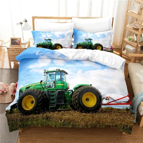 NDXRWDZR Bettwäsche 135x200 GrüNer Traktor Bettwäsche-Set mit Reißverschluss Schließung für Kinder Weicher Atmungsaktive Mikrofaser Bettbezug + 2 Kopfkissenbezug 80x80 cm