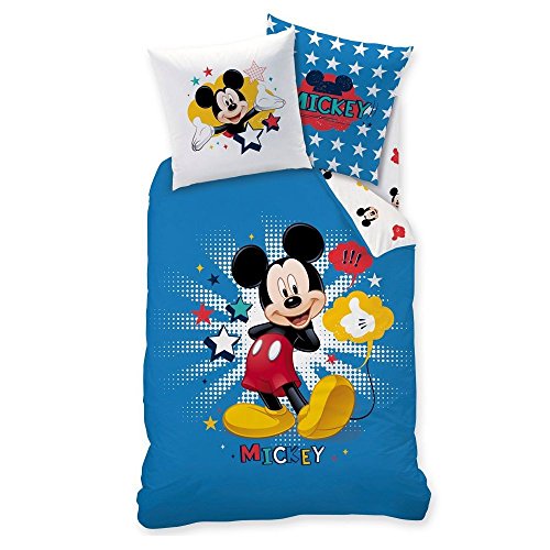 Micky Maus Kinder Bettwäsche · Mickey Mouse Star · Wende Motiv mit Sternen in blau · 2 teilig - Kissenbezug 80x80 + Bettbezug 135x200 cm - 100% Baumwolle
