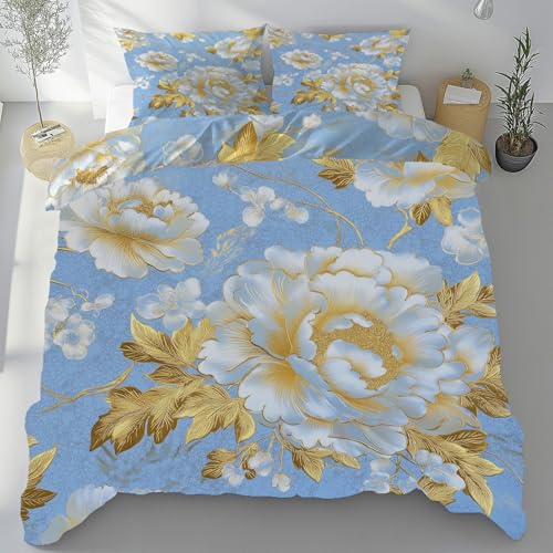 Meugesoi Elegant Weiß Pfingstrose Bettbezug 135x200 cm 3-Teilig Gold Blätter Bettwäsche Mikrofaser Weich Atmungsaktiv, Bettwäsche Set mit 2 Kissenbezüge 80x80 cm mit Reißverschluss