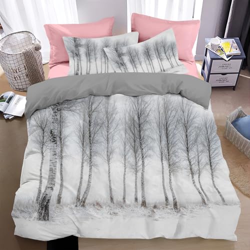 WunM Studio Bettwäsche 200 * 200cm Weiß Birken im nebligen Tag Bettbezug Set 3 Teilig kalter Winter Blümchen Blumenmuster Weich Bettwäsche-Sets mit 2 Kissenbezüge 80x80 cm und Reißverschluss