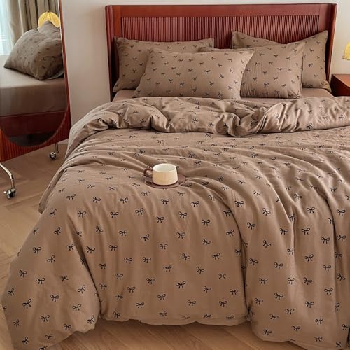 Nayoroom Bettwäsche 135x200 Braun mit Schwarz Schleifen Kinder Bettbezug 2teilig Aesthetic Kawaii Schleifenmuster Microfaser Einzelbett Deckenbezug mit Reißverschluss und Kissenbezug 80x80cm