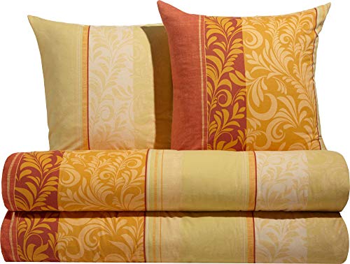 Erwin Müller Flanell Bettwäsche, Bettgarnitur mit eleganten Ranken gelb-orange Größe 80x80 cm / 135x200 cm - temperaturausgleichend, mit Reißverschluss, 100% Baumwolle