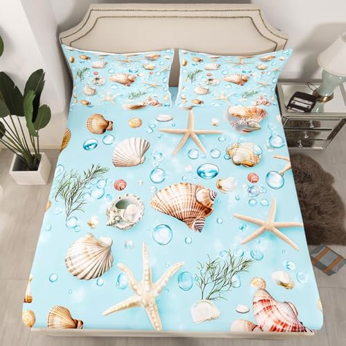 feelingyou Hübsches Meerestier Einbaublech L Größe Meerestangenhornmuschel Bettdeckung 2pcs Wasserfarbenblau Punkte Zeichnen Bettwäsche Set für Erwachsene
