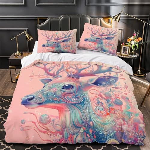 ZZVRMCYLD Fantasy-Hirsch-Bettwäsch e-Set, 3D-Digitaldruck, Mikrofaser, lichtecht, psychedelisches Tier-Design, Bettbezug, 2 Kissenbezüge, Reißverschluss, für Jungenzimmer, Einzelbett (140 x 200 cm)