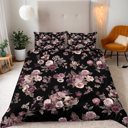 Rosa Rose, Schwarz Bettwäsche 135X200Cm Kinder Junge Mädchen 3D Effekt Bettbezug Jugendliche Bettwäsche-Set Mikrofaser Bettbezug Mit Reißverschluss Und 2 Kissenbezug 80X80Cm