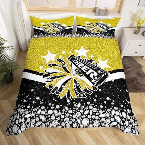 Mädchen Cheeleading Bettbezug Schwarz und Gold Diamant Glitter Pailletten Bettwäsche,Süße Cheeleading Tröster Abdeckung Kawaii Prinzessin Tänzer Ballett Bettwäsche Set mit mit 1 Kissenbezug,135x200