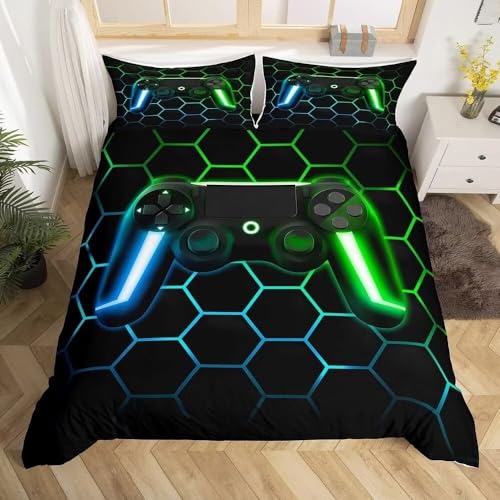 Tabeskly Hexagon Raum Geometrie Gamer Gaming Jungen BettwäSche Kinder KinderbettwäSche Bed Duvet Cover Bedding Set Schwarz Grün 135×200cm