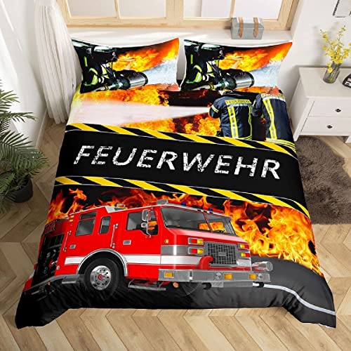 LATIZI Feuerwehr Bettwäsche 155x220 Weich Kuschelig Mikrofaser 3D Druck Feuerwehrleute Bettwäsche-Sets 3 Teilig Modern Bettbezug + 2 Kissenbezug 80x80 cm mit Reißveschluss
