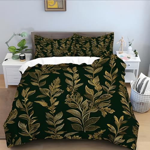Bettwäsche 135x200 Kinder für Goldene Blätter,Schwarz Bettwäsche-Set 3 Teilig, Mikrofaser Bettbezug Atmungsaktive, Bettbezüge mit Reißverschluss Schließung und 2 Kissenbezug 80x80 cm-Schwarz A415