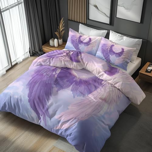 Generisch 135x200 Bettwäsche Engelsflügel Bettbezug - 2tlg, 1 Kissenbezug 80x80, Violett Muster, Schlafzimmer Deko, Weiche Mikrofaser Wendebettwäsche mit Reißverschluss - ZJ242