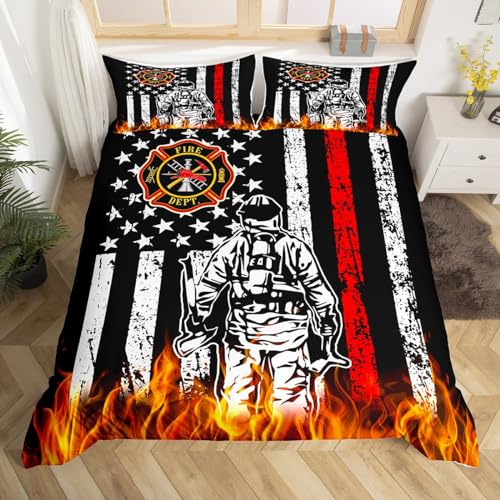 Vintage amerikanische Flagge Bettbezug Set S Größe,Feuerwehr Silhouette Bettwäsche Kinder Jungen 3D flammende rote schwarze weiße Sterne gestreifte Tröster Abdeckung Feuerwehrausrüstung Quilt Cover