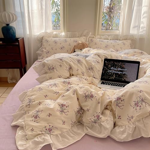 GETIYA Romantisch Lila Blumen Bettwäsche 135x200 Baumwolle Bettwäsche Mädchen Damen Blümchen Bettbezug mit Rüschen Zweiteilig Bettbezug Blumen Muster Deckenbezug mit 1 Kissenbezug 80x80
