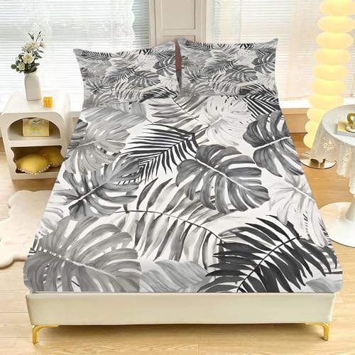 Luxuriöses Bettwäsche-Set für King-Size-Grau Pflanzen Im Landhausstil Betten mit tiefen Taschen, Weiche und Gemütliche Mikrofaser, 3-teiliges Set mit 2 Kissenbezügen, 150 x 200 cm,30 cm Tasche L800
