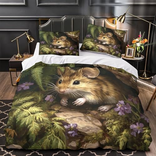 RJAVAGFZL Waldmaus 3D-Bedruckt 3er-Set Bettdeckenbezug Illustrationsstil für Wildtiere Steppbezug Mikrofaser Staubmilbenfest Hypoallergen für Kleinkinder Männer Erwachsene Single?140x200cm?