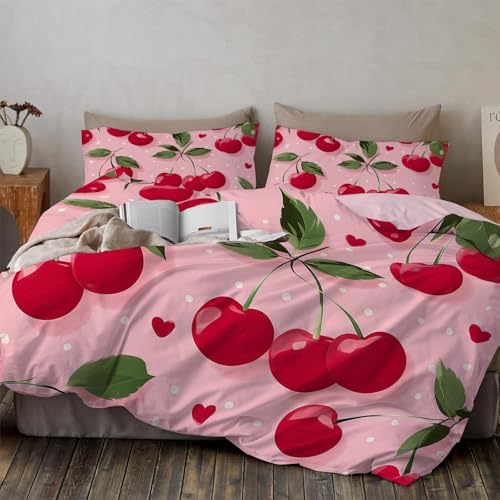 JEDTAKCT Kirsche Punkte Bettwäsche 135X200Cm 3 Teilig Rougepuder Microfaser Bettwäsche-Sets, Romantische Pflanzen Weich Und Bügelfrei Wende Bettbezüge Und Kissenbezüge 80X80 Mit Reißverschluss