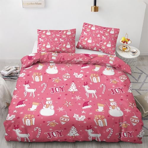 GEDAEUBA Weihnachten Bettwäsche 135x200 - Rosa Weihnachts Bettbezug 135 x 200 2er Set, Wendebettwäsche und Kissenbezug 80x80, Weiche & Angenehme Mikrofaser Bettwäsche-Sets mit Reißverschluss