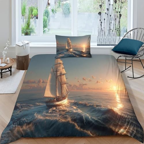 kaiyun Segelboot segelt zum Meer Bettwäsche-Set Mit Und Kissenbezügen,Wellen 3D Druck,weich, Microfaser Bettbezug Pflegeleicht,per Adulti, Adolescenti, Bambino Single?135x200cm?