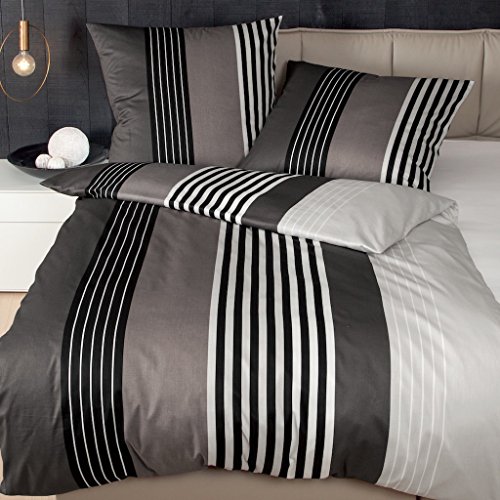 Janine Mako Satin Bettwäsche J.D. 155x220 cm + 80x80 cm schwarz-Taupe aus naturreiner gekämmter Mako Baumwolle