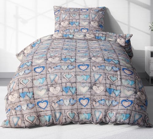 2-teilige Seersucker Bettwäsche 135x200cm und 80x80cm - Love Liebe Herzen Landhaus in blau und grau - Bettgarnitur aus 100% Baumwolle, bügelfrei (EW-358/2)
