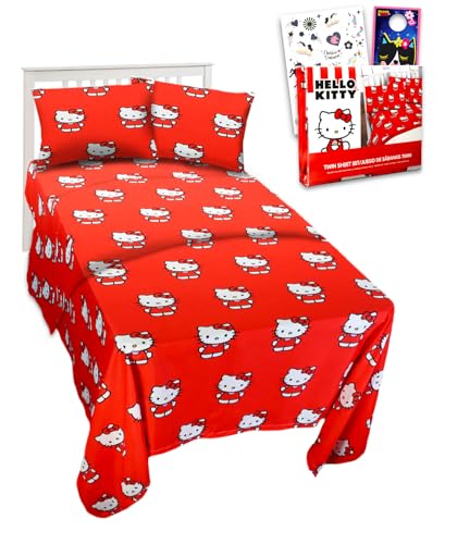 Hello Kitty Bettwäsche-Set für Kleinkinder – Set mit Bettlaken und Bettlaken für Doppelbett, Spannbetttuch und Kissenbezug für Doppelbett und Tattoos, mehr | Hello Kitty Sheets Hello Kitty