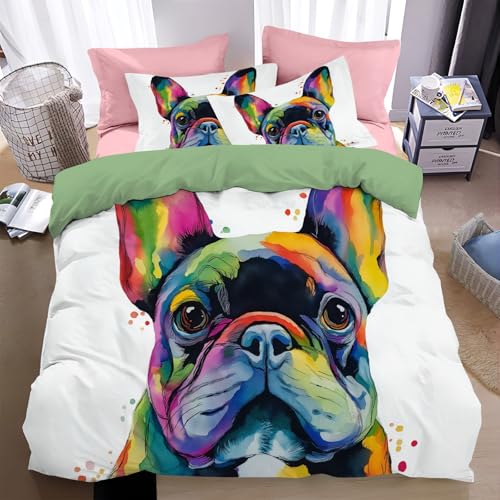 WunM Studio Bettwäsche 135 * 200cm Weiß Glückliche Bulldogge Bettbezug Set 3 Teilig Aquarell Tiere Blümchen Blumenmuster Weich Bettwäsche-Sets mit 2 Kissenbezüge 80x80 cm und Reißverschluss