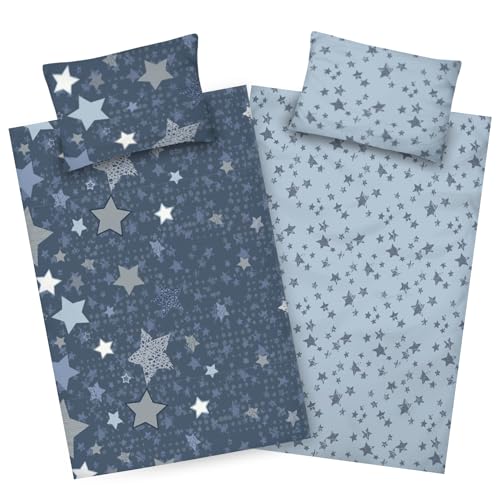 Aminata kids Kinder Biber Bettwäsche 100x135 Winter Junge Sterne blau warm weich & kuschelig - Stern-Motiv Kinder-Wende-Bettwäsche- Set - Bettbezug für Kleinkinder - Kopfkissen 40x60 cm