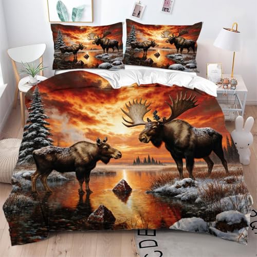 Gumntun Bettwäsche 135×200 cm Tier Elch Erwachsener, 3D-Gedruckt Microfaser Bettbezug-Set mit Reißverschluss, Maschinen Waschbar & Einfach zu Pflegen Bettdeckenbezüg für Schlafzimmer_B8108