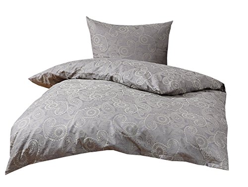 Mako Satin Damast Paisley Bettwäsche Garnitur Davos 135x200 + 80x80 hell grün - grau