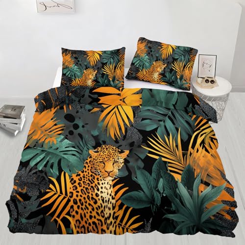 Leoparden-Bettwäsche-Set , Einzelpflanze, Geparden-Bettwäsche mit 1 Kissenbezug, tropische Pflanzen, Mikrofaser mit Reißverschluss, für alle Jahreszeiten geeignet (135 x 200 cm)