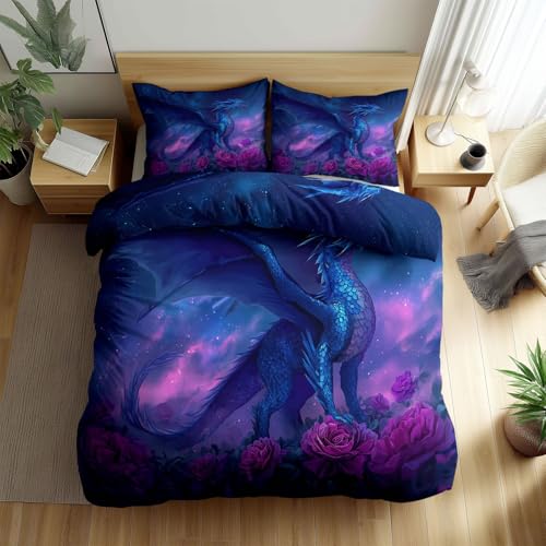 Pflegeleicht Bettbezug Set 180 x 200 cm, Weich Fantasie Blauer Drache Rosa Rose Bettwäsche Set mit Reißverschluss, Wende Blau-Violett Deckenbezug mit 2 Kissenbezüge 80 x 80 cm