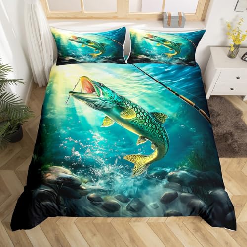 Loussiesd Big Hecht Fisch Bettwäsche Set 135x200cm Fischen und Jagen Bettbezug für Kinder Jungen Mädchen Schlafzimmer Bett Dekor Fischer Fisch Mann Betten Fischen Bettwäsche-Set