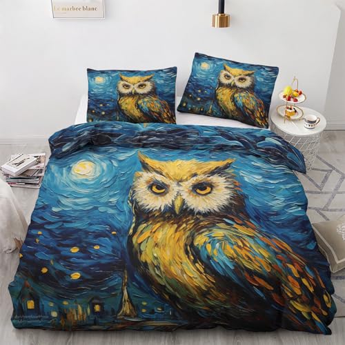 GEDAEUBA Eule Bettwäsche 135x200 Winter - Sternennacht Bettbezug 135 x 200 2er Set, Wendebettwäsche und Kissenbezug 80x80, Weiche & Angenehme & Warme Mikrofaser Bettwäsche-Sets mit Reißverschluss