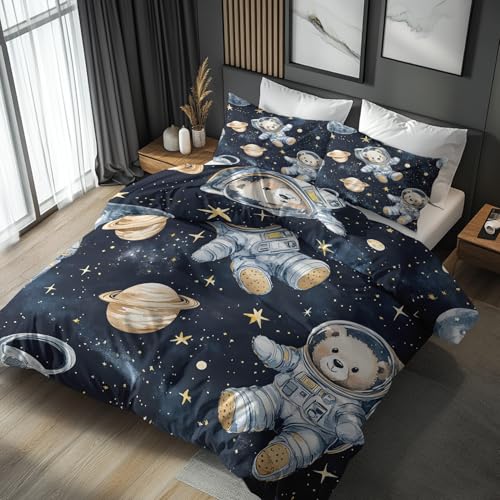 Generisch Bettwäsche 155x220 Astronaut Teddybär, Weiche Bügelfreie Mikrofaser Bettbezug Set 2tlg, Weltraum Planeten Kinder Muster Schlafzimmer Deko, 1 Kissenbezug 80x80, mit Reißverschluss IAV60