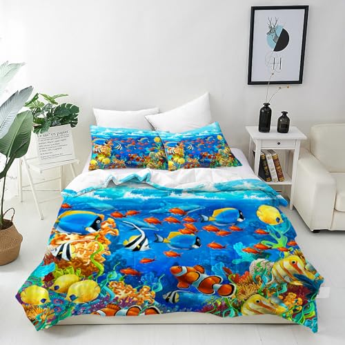 ANHOPE Ocean Bettwäsche Set 2 Teilig Ozean Tropische Fische Bettbezug 135x200 cm + Kissenbezug 80x80 cm Weich Microfaser Bettbezüge mit Reißverschluss Bettdeckenbezug Set für Kinder Jungen Mädchen