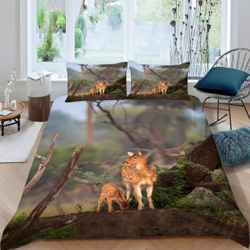 Bettwäsche 135x200 Wald-Sika-Hirsch Bettbezug 135 x 200 Dschungeltiere Bettwäsche-Sets mit Reißverschluss 3D Weiche Mikrofaser Kinderbettwäsche mit 2 Kissenbezüge 80x80 cm C-2767